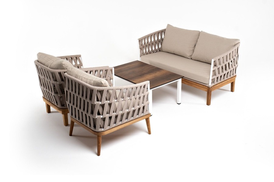 Лаунж-зона 4-местная Диего из роупа со столиком Канны, бежевая 4sis