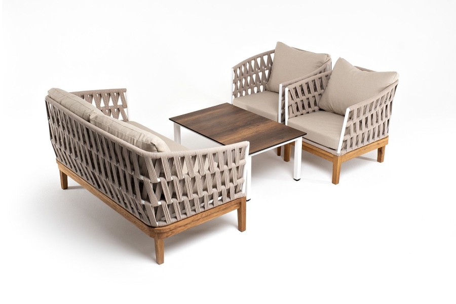 Лаунж-зона 4-местная Диего из роупа со столиком Канны, бежевая 4sis