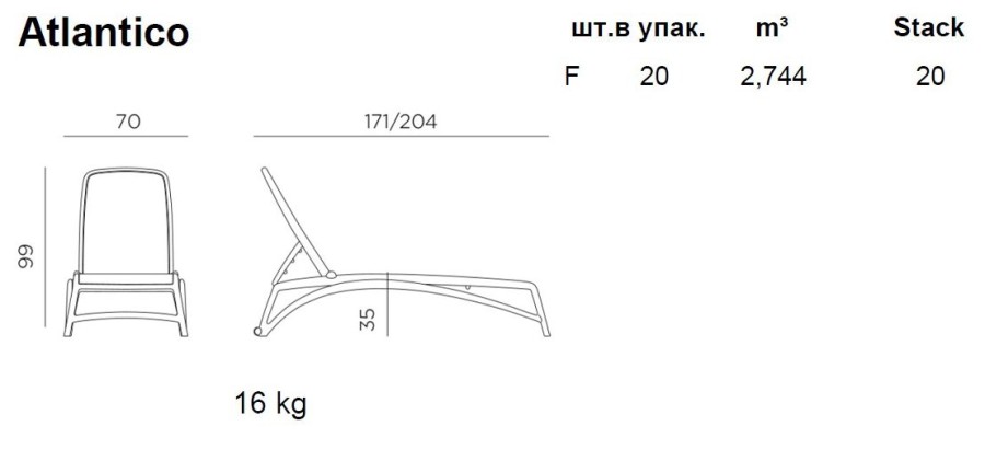 Шезлонг-лежак пластиковый антрацит голубой Atlantico Nardi